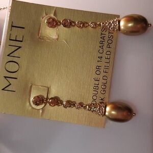 NWT MONET Sexy Drop Champagne Crystal And Pearl Earrings 14K GOLD FILLED POSTS